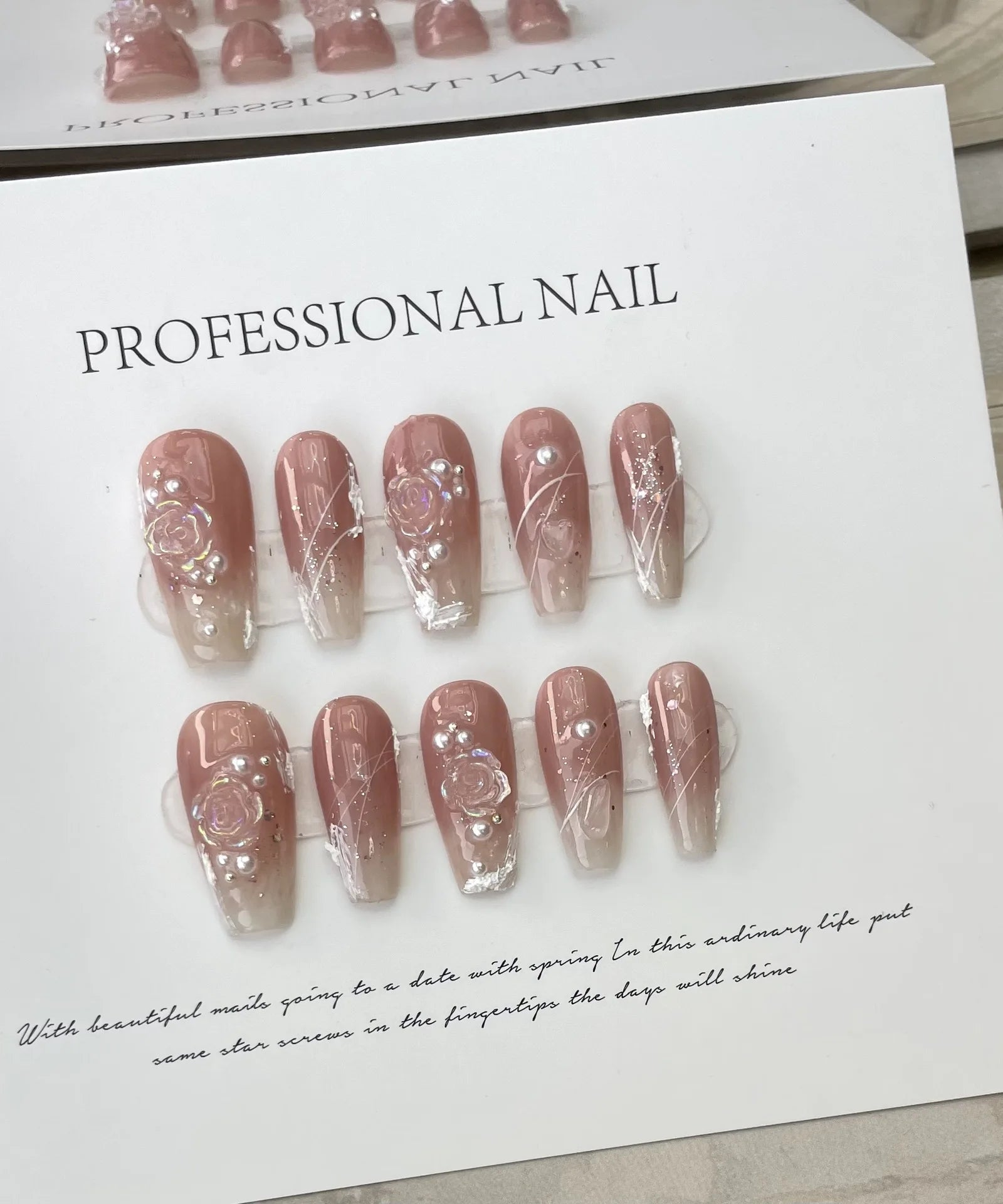 10Pcs Handmade Press on Nails Long Ballet Blue Fake Nails with 3D Ocean Moon Rhinestone Design False Nails Full Cover Nail Tips