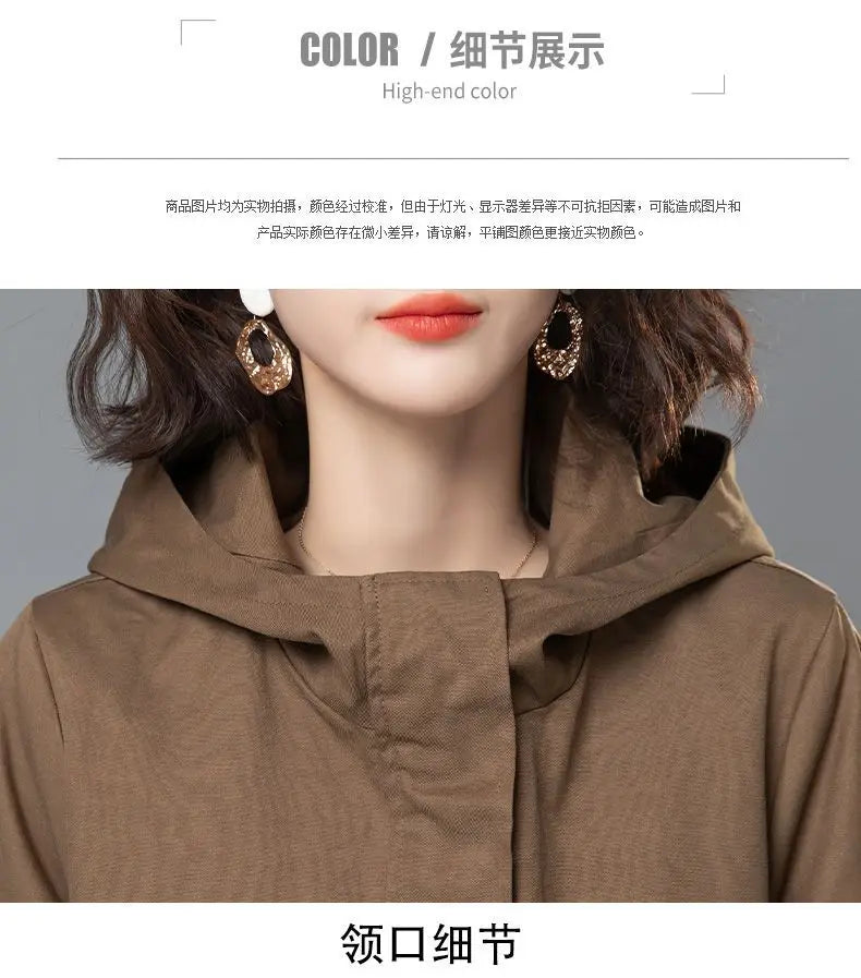 2024 Women Trench Coat With Hooded Tops Autumn New Coat Long-Sleeved Loose Mid-Length Outerwear Female Windbreaker