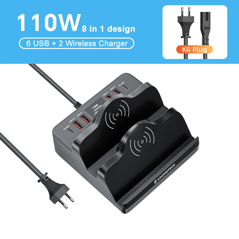 110W 6 Port USB Charger Station Dual Fast Wireless Charging Type C QC3.0 PD3.0 65W Quick Charge For iPhone Xiaomi Samsung Laptop