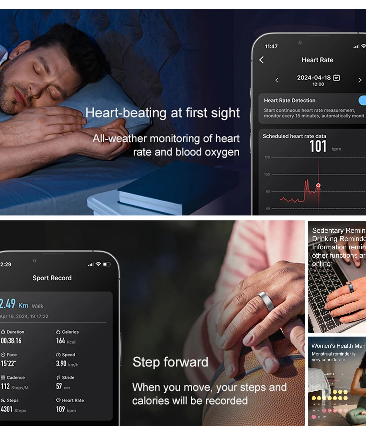 Uhoofit R10 Smart Ring with Charging Case Men Women Health Heart Rate Sleep Monitor IP68 & 5ATM Waterproof Multi-sport Mode