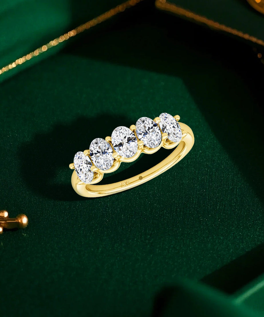 Oval 14K Yellow Gold Engagement Ring GRA Certified Moissanite Row Band 5 Stone 1.5ctw 100% Authentic for Women Wedding Jewelry
