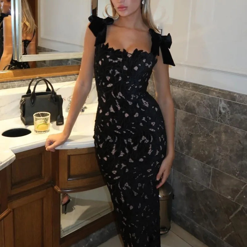 Lace Crochet Bow Slip Dress Hollow Out Slim Fit Club Party Gown Robes Sexy Backless Women Vacation Beach Suspender Long Dresses