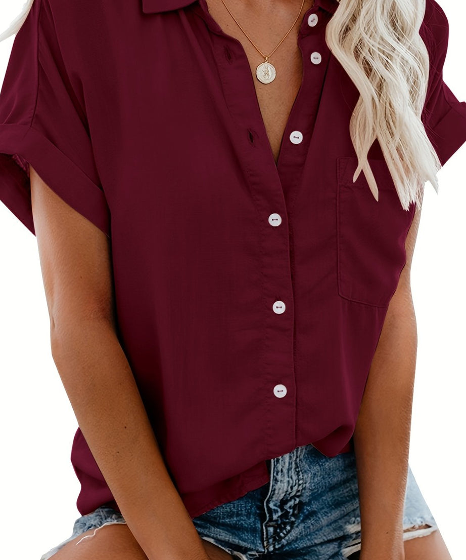 [Casual Shirt] Casual Summer Women's Short Sleeve V-Neck Button-Up Shirt with Pockets - Light Gray | Vacation Clothing, Glossy Texture