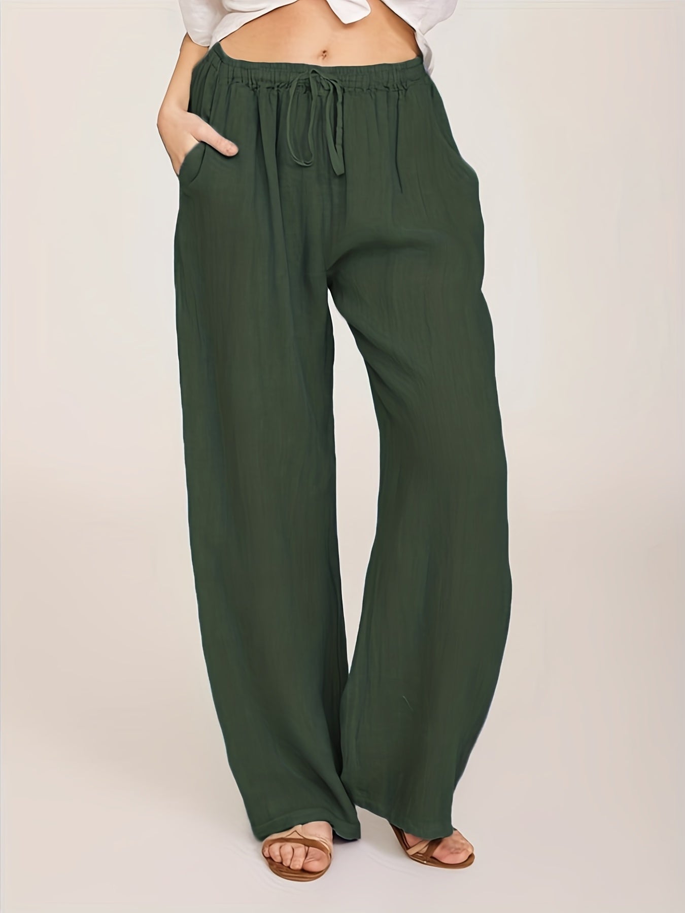 [Casual Pants] Casual Drawstring Wide Leg Pants | Solid Loose Palazzo Pants, Women's Clothing