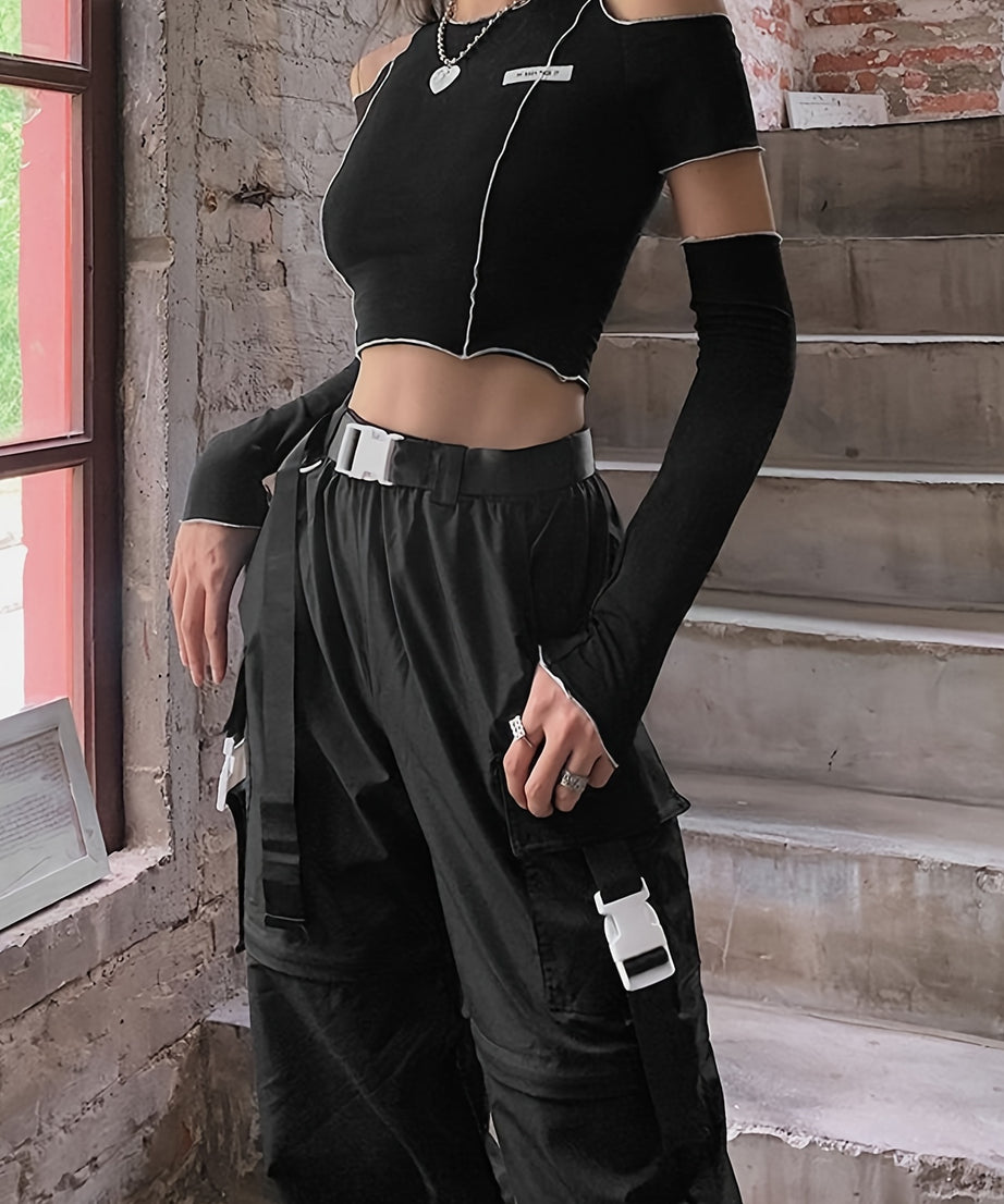 Off Shoulder Hollow Crew Neck T-shirt, Casual Loose Long Sleeve Fashion Summer Slim Bottoming T-Shirts Tops, Women's Clothing