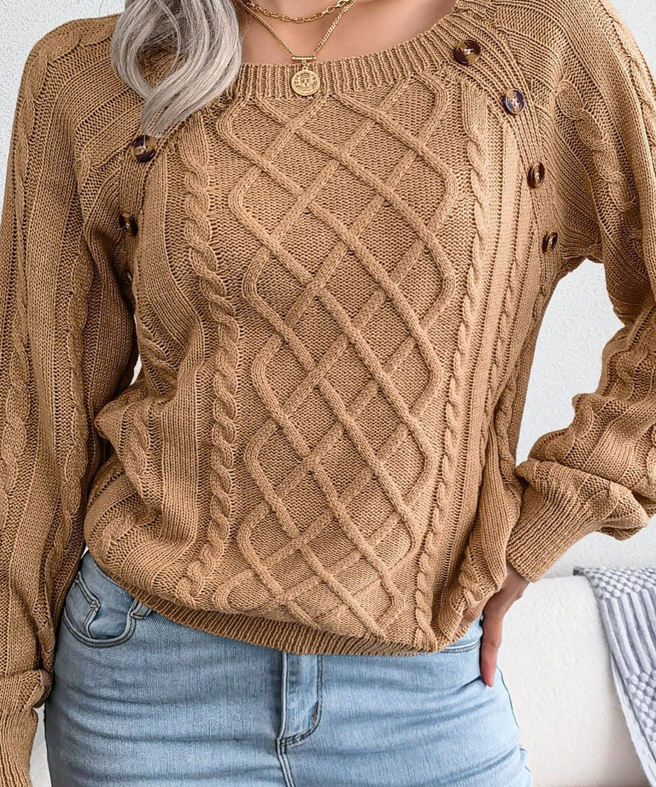 [Texture Lantern Sleeve Sweater] Round Neck Texture Lantern Sleeve Women's Sweater - Button Sweater