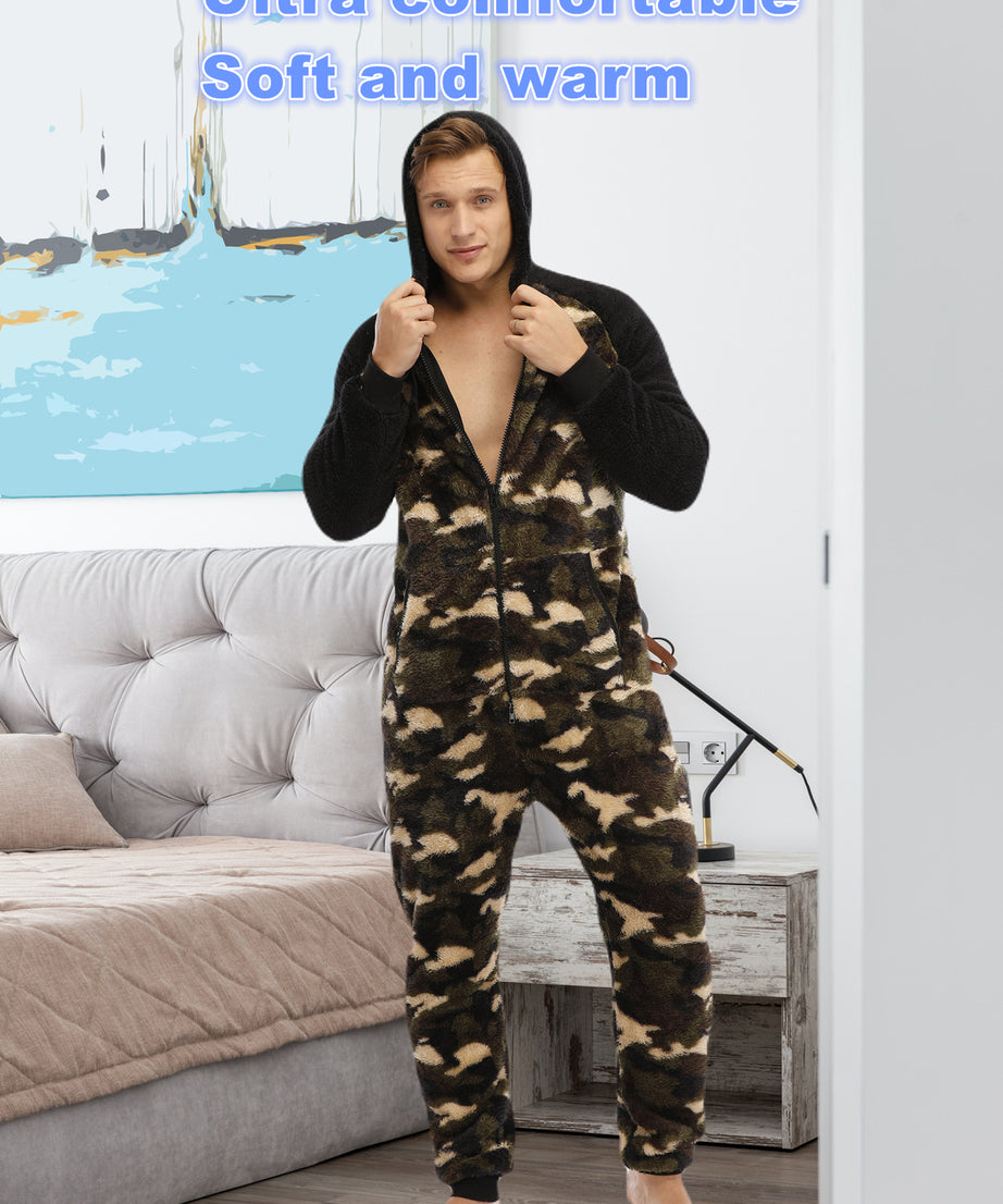 Men'S Heavy-Duty Full-Zip Hooded Onesie - Long Sleeve Winter Sleepwear, Thermal Insulated Lounge suit with Drawstring Hood, Loose Fit Onesie for Cold Weather, Christmas Costume & Everyday Indoor/Outdoor Use - Easy Zipper Clos