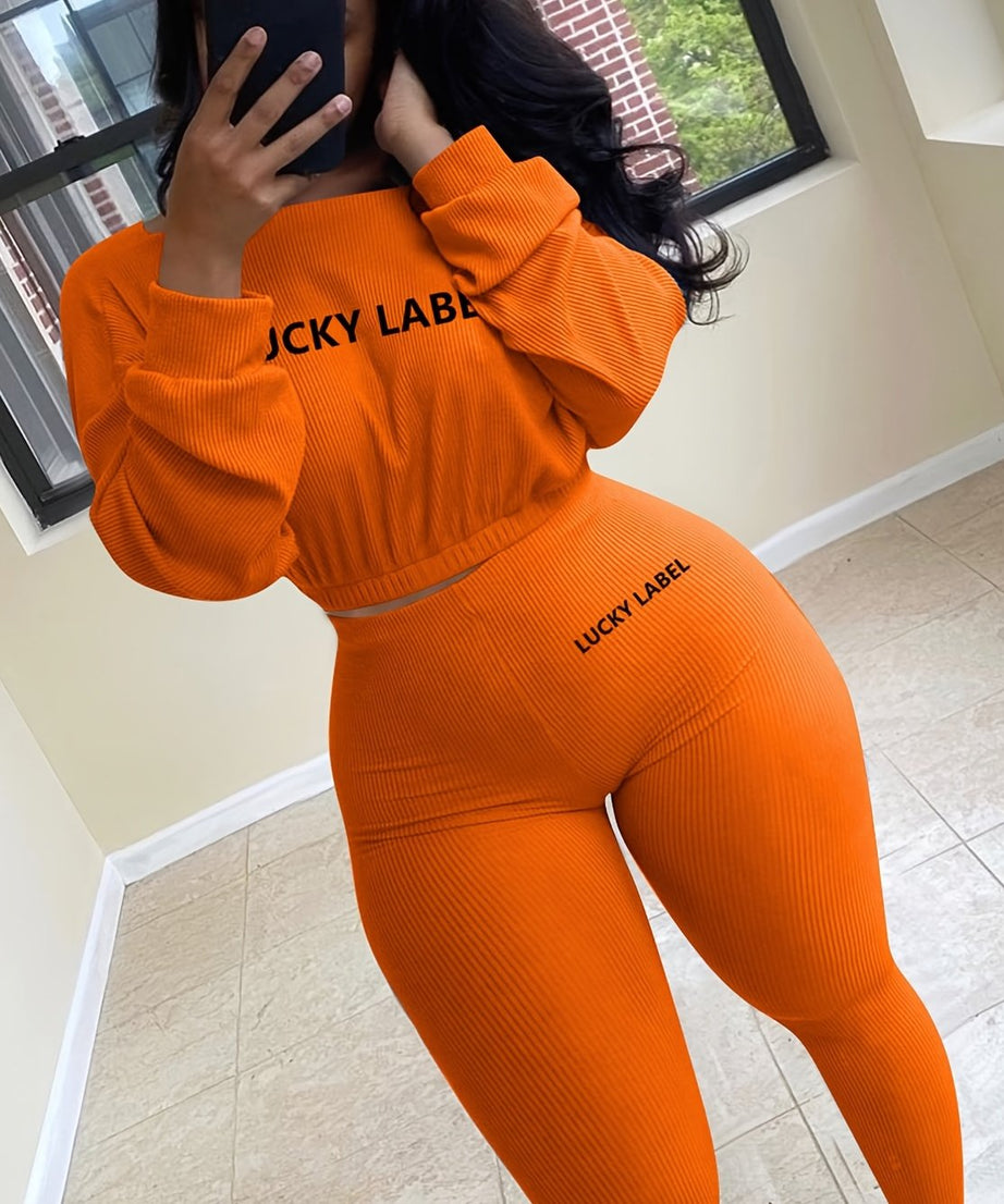 [Women's Sweatshirt Set] Letter Embroidery Women's Two Piece Ribbed s Fall Spring Long Sleeve Sweatshirt and Skinny Pants Set