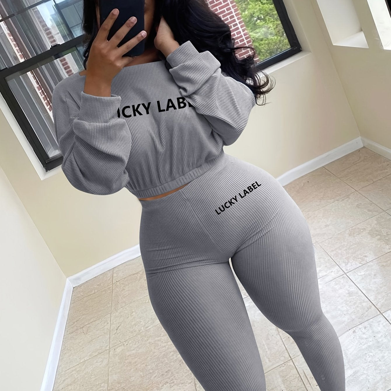 [Women's Sweatshirt Set] Letter Embroidery Women's Two Piece Ribbed s Fall Spring Long Sleeve Sweatshirt and Skinny Pants Set