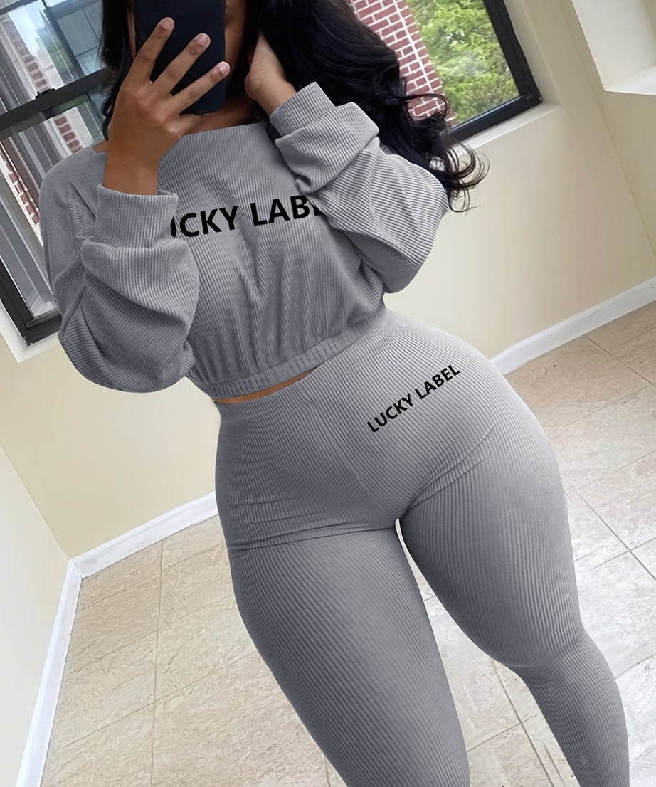 [Women's Sweatshirt Set] Letter Embroidery Women's Two Piece Ribbed s Fall Spring Long Sleeve Sweatshirt and Skinny Pants Set