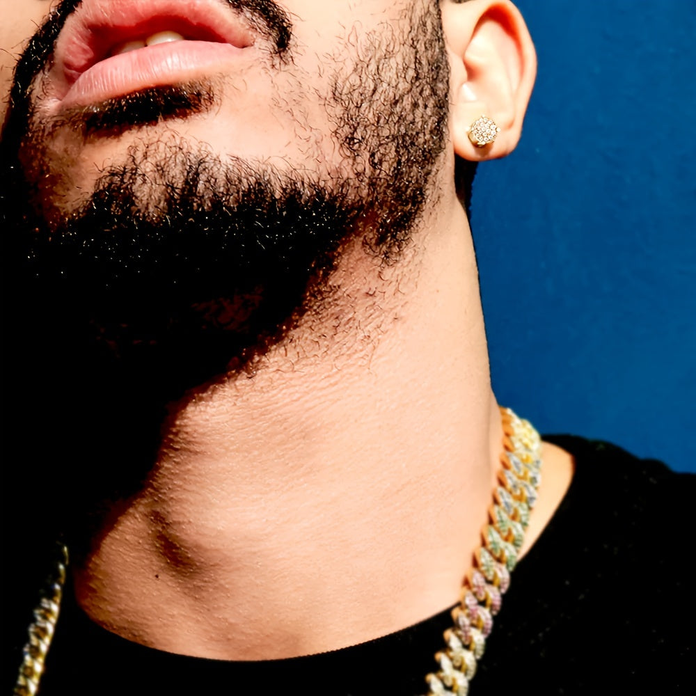 Set of 2 S925 Silvery Hip-Hop Men'S Earrings Featuring Synthetic Zirconia with Micro-Setting And Color Plating in a Round Design.