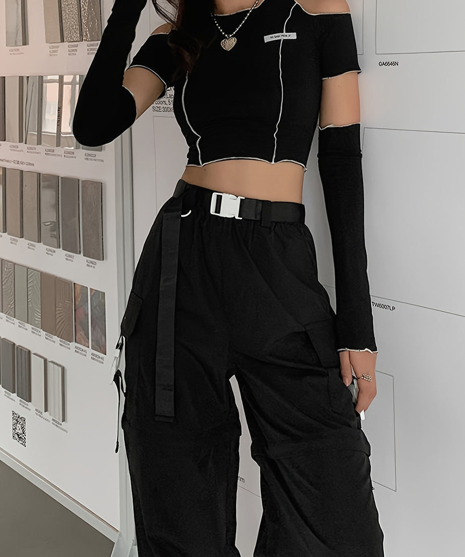 Off Shoulder Hollow Crew Neck T-shirt, Casual Loose Long Sleeve Fashion Summer Slim Bottoming T-Shirts Tops, Women's Clothing