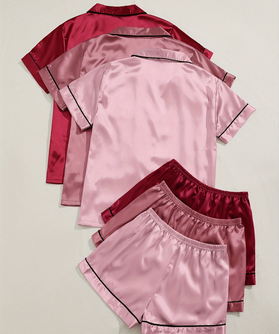 3 Sets Satin Pajama Set, Short Sleeve Lapel Top & Elastic Waistband Shorts, Women's Sleepwear & Loungewear