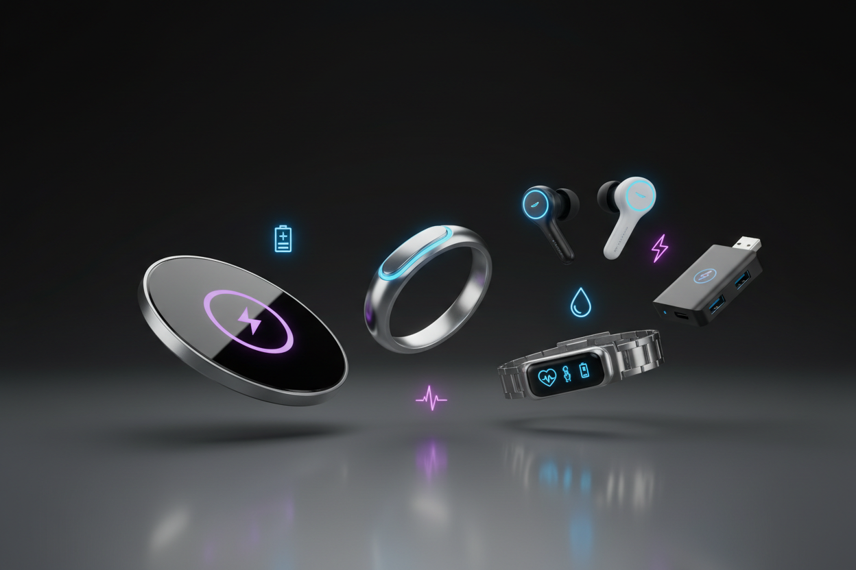 An 8K HDR ultra-detailed 16:9 banner showcasing premium electronic gadgets including smart rings, wireless chargers, earbuds, wearable tech, and compact accessories. Apple-style product lighting, dark gradient background (black to gunmetal), floating 3D renders, crisp reflections, subtle neon accents, and high-polish metal surfaces. Feature icons for battery life, health tracking, fast charging, and water resistance subtly integrated. Futuristic luxury tech aesthetic, perfect for a hero banner.