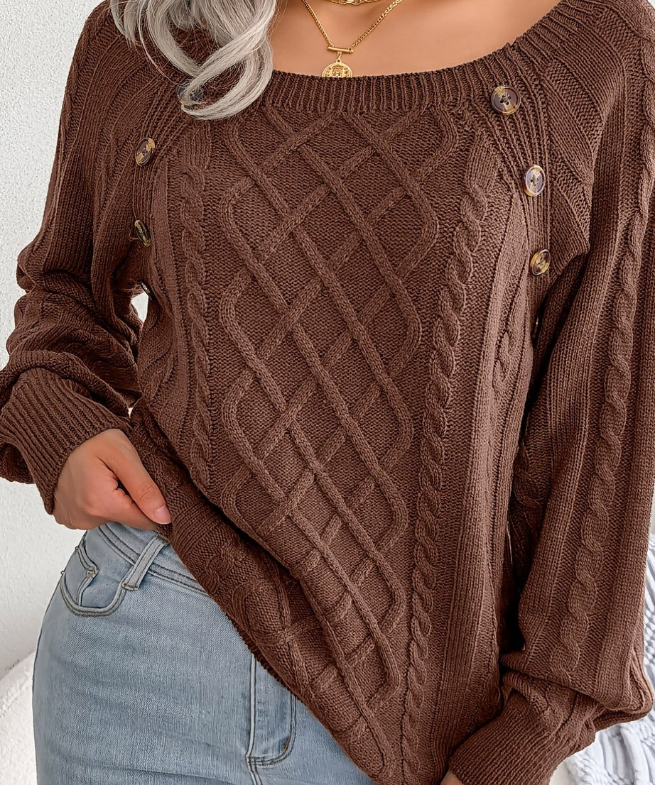 [Texture Lantern Sleeve Sweater] Round Neck Texture Lantern Sleeve Women's Sweater - Button Sweater