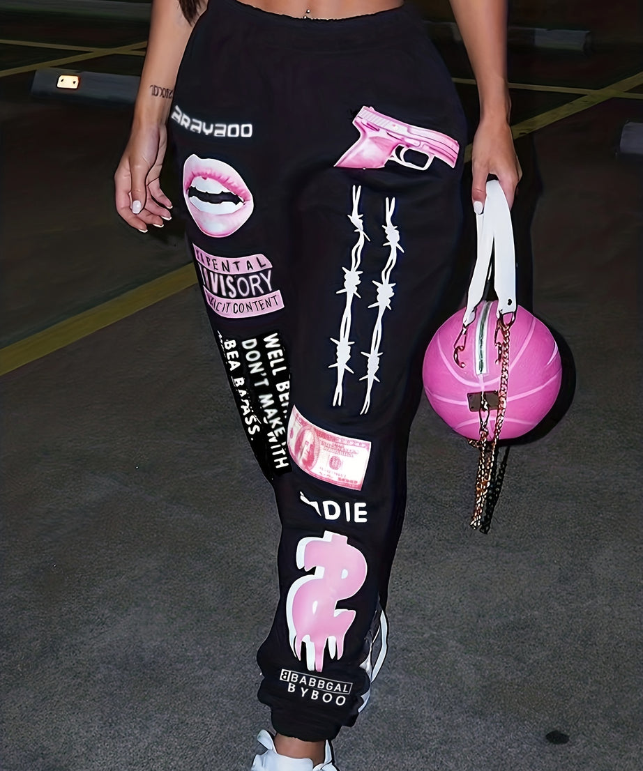 [Plus Size Sweater Pants] Plus Size Women's TB5553 Elastic Waist Sports Sweater Oversize Pants Bottom