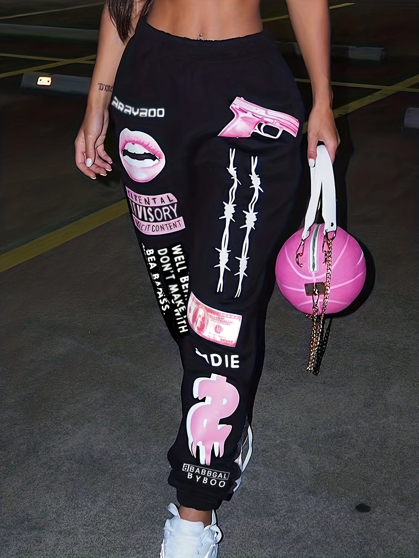 [Plus Size Sweater Pants] Plus Size Women's TB5553 Elastic Waist Sports Sweater Oversize Pants Bottom