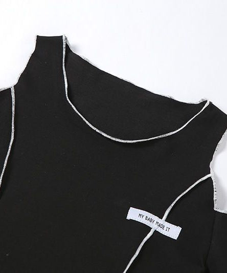 Off Shoulder Hollow Crew Neck T-shirt, Casual Loose Long Sleeve Fashion Summer Slim Bottoming T-Shirts Tops, Women's Clothing