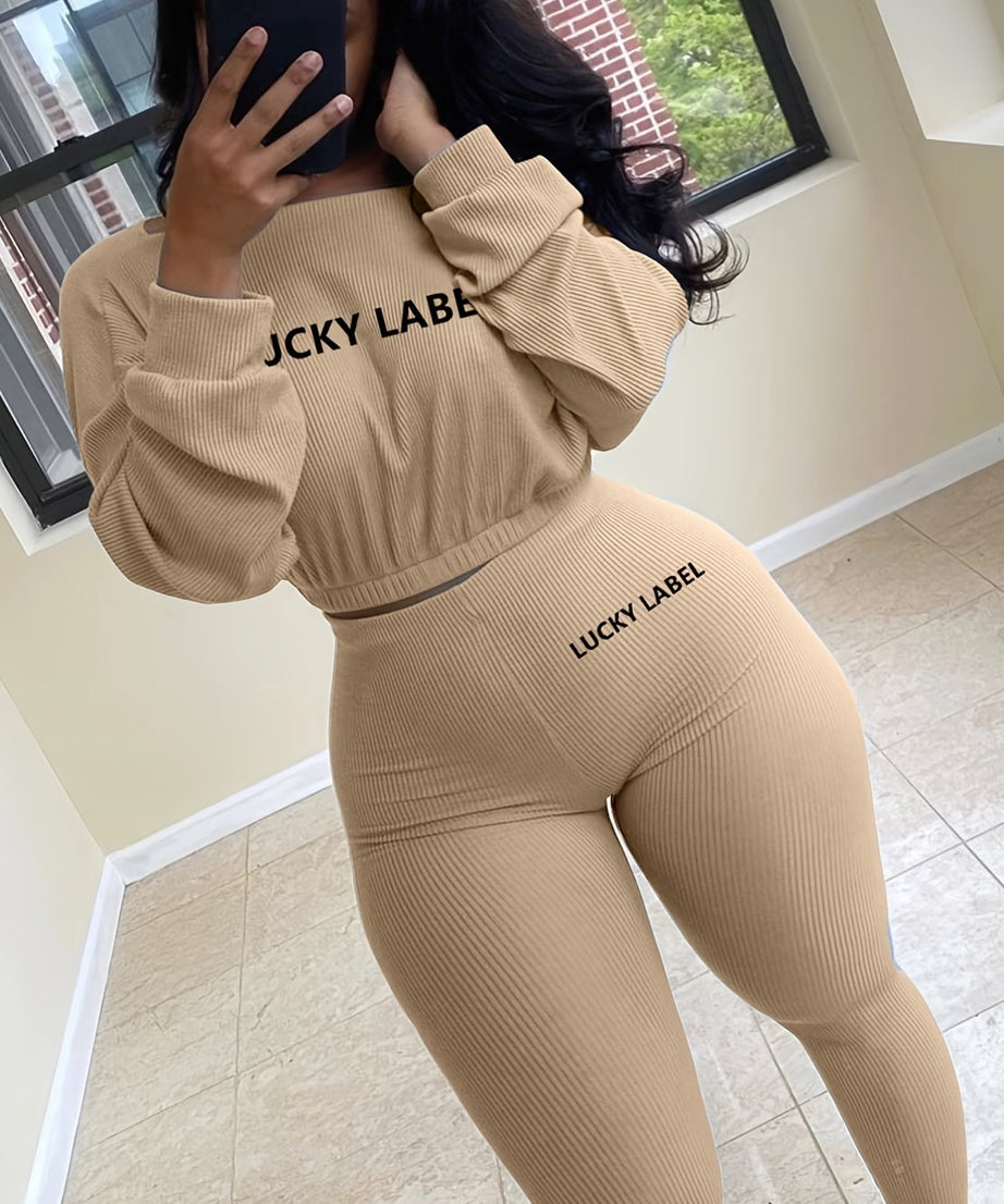 [Women's Sweatshirt Set] Letter Embroidery Women's Two Piece Ribbed s Fall Spring Long Sleeve Sweatshirt and Skinny Pants Set