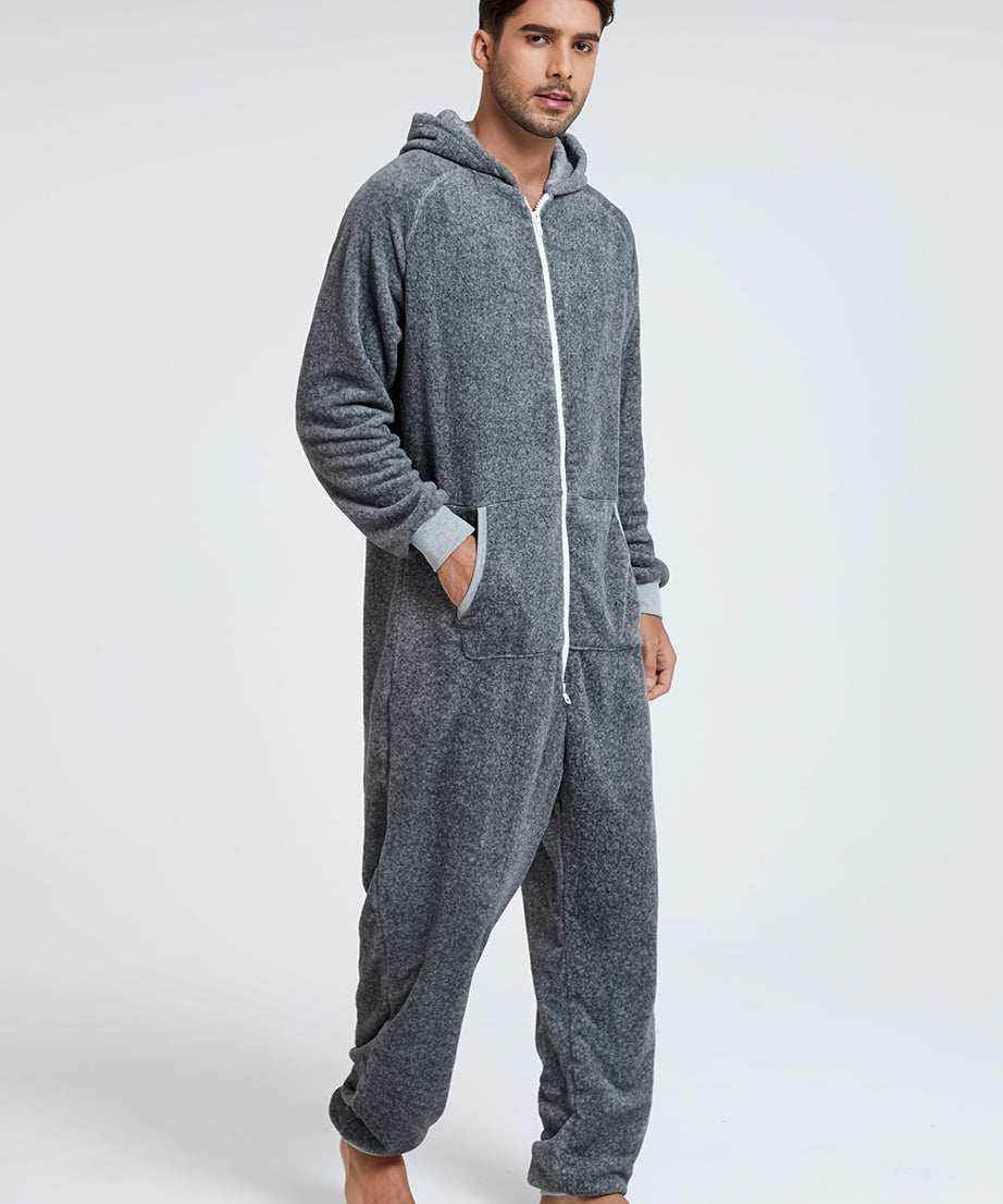 Men'S Heavy-Duty Full-Zip Hooded Onesie - Long Sleeve Winter Sleepwear, Thermal Insulated Lounge suit with Drawstring Hood, Loose Fit Onesie for Cold Weather, Christmas Costume & Everyday Indoor/Outdoor Use - Easy Zipper Clos
