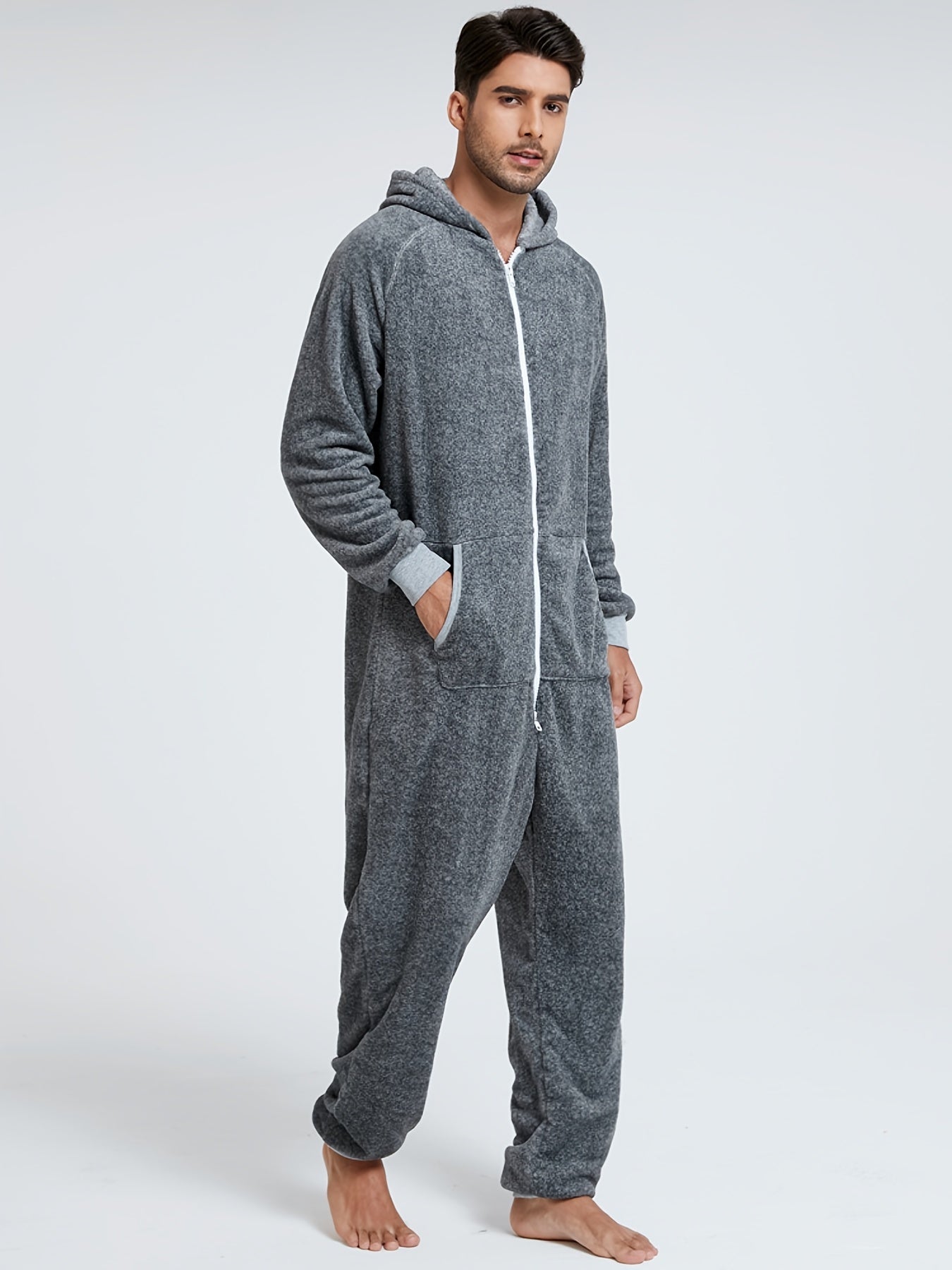 Men'S Heavy-Duty Full-Zip Hooded Onesie - Long Sleeve Winter Sleepwear, Thermal Insulated Lounge suit with Drawstring Hood, Loose Fit Onesie for Cold Weather, Christmas Costume & Everyday Indoor/Outdoor Use - Easy Zipper Clos
