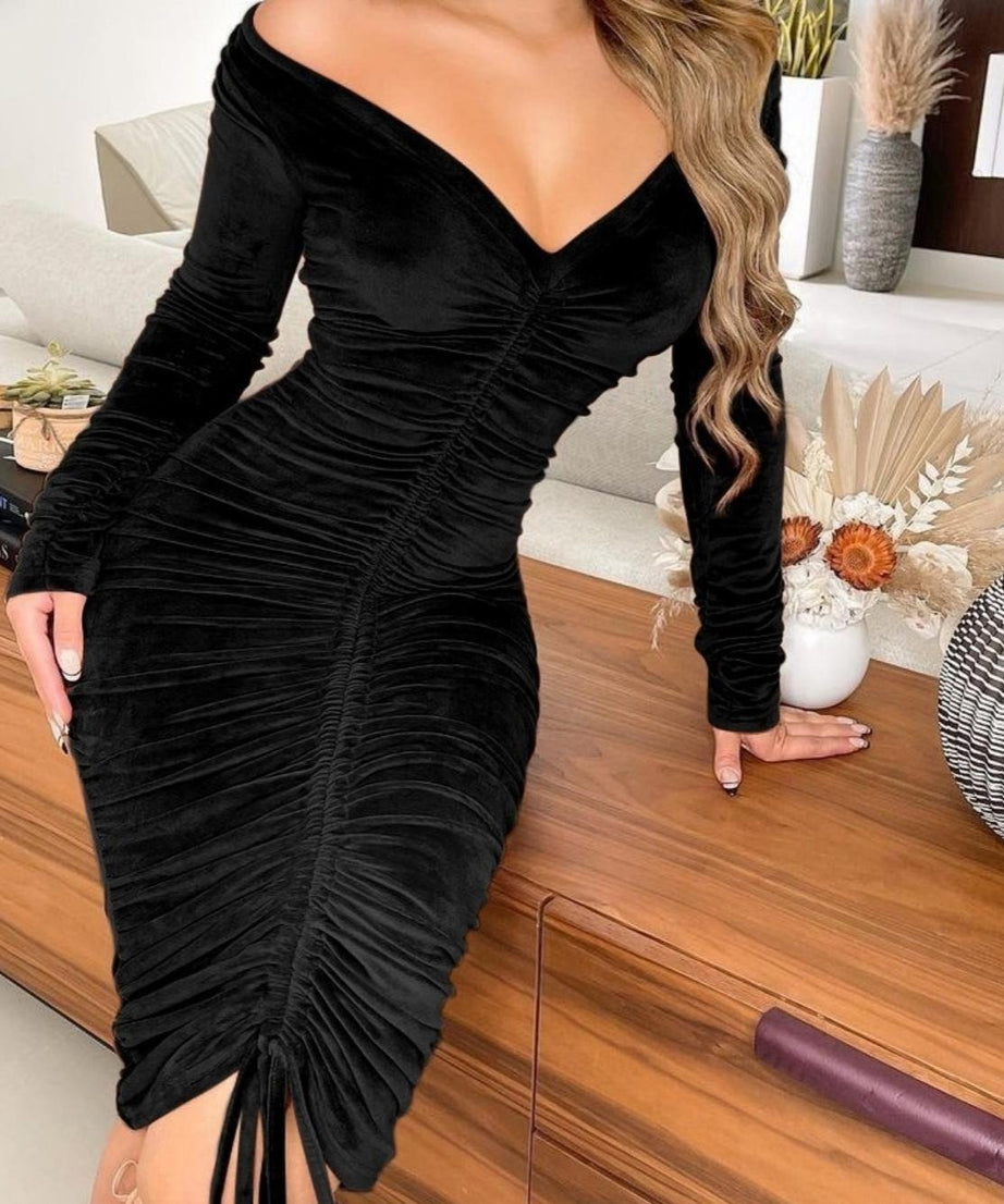 Women's Dresses V Neck Off The Shoulder Velvet Ruched Mid-length Dresses