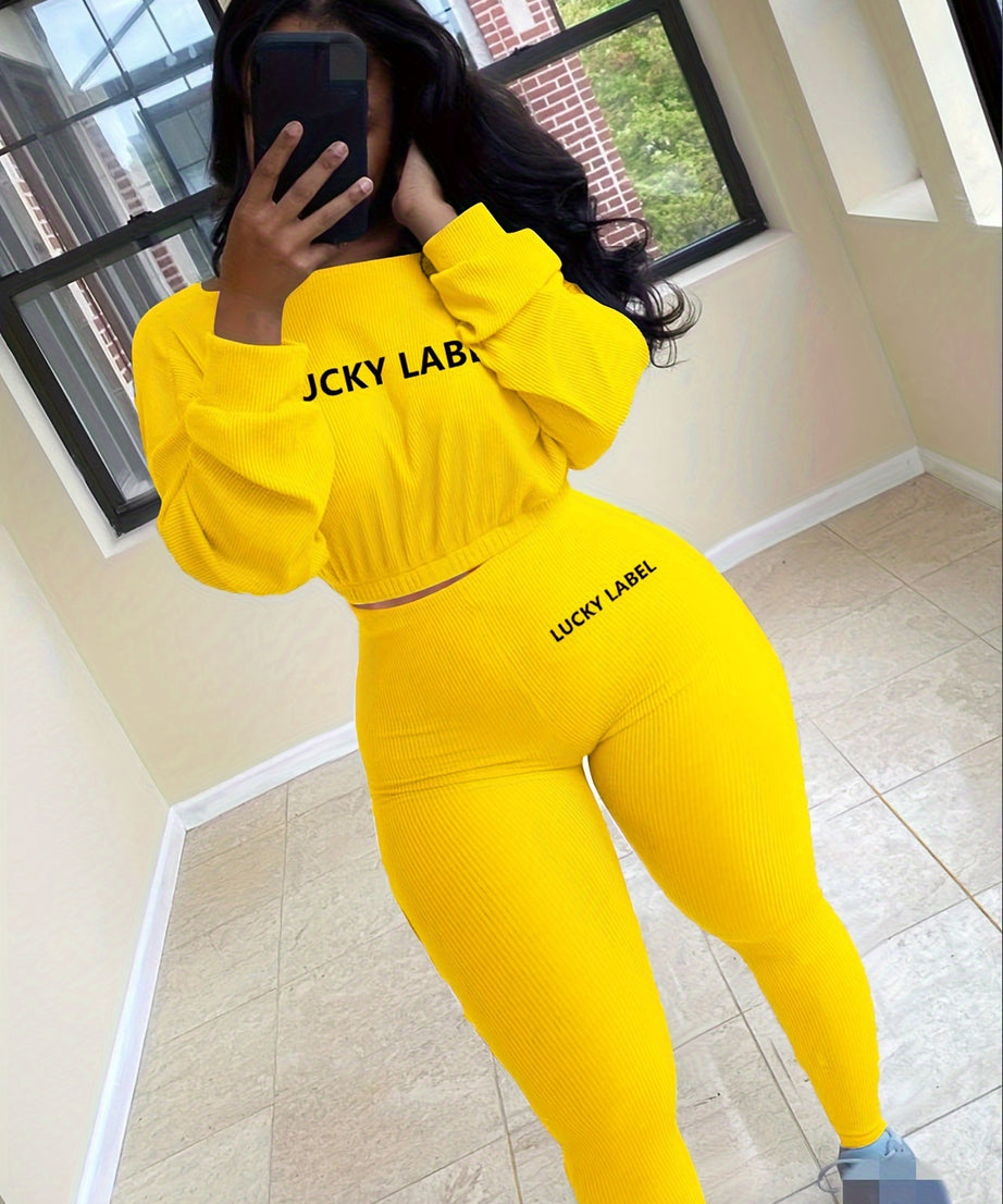 [Women's Sweatshirt Set] Letter Embroidery Women's Two Piece Ribbed s Fall Spring Long Sleeve Sweatshirt and Skinny Pants Set