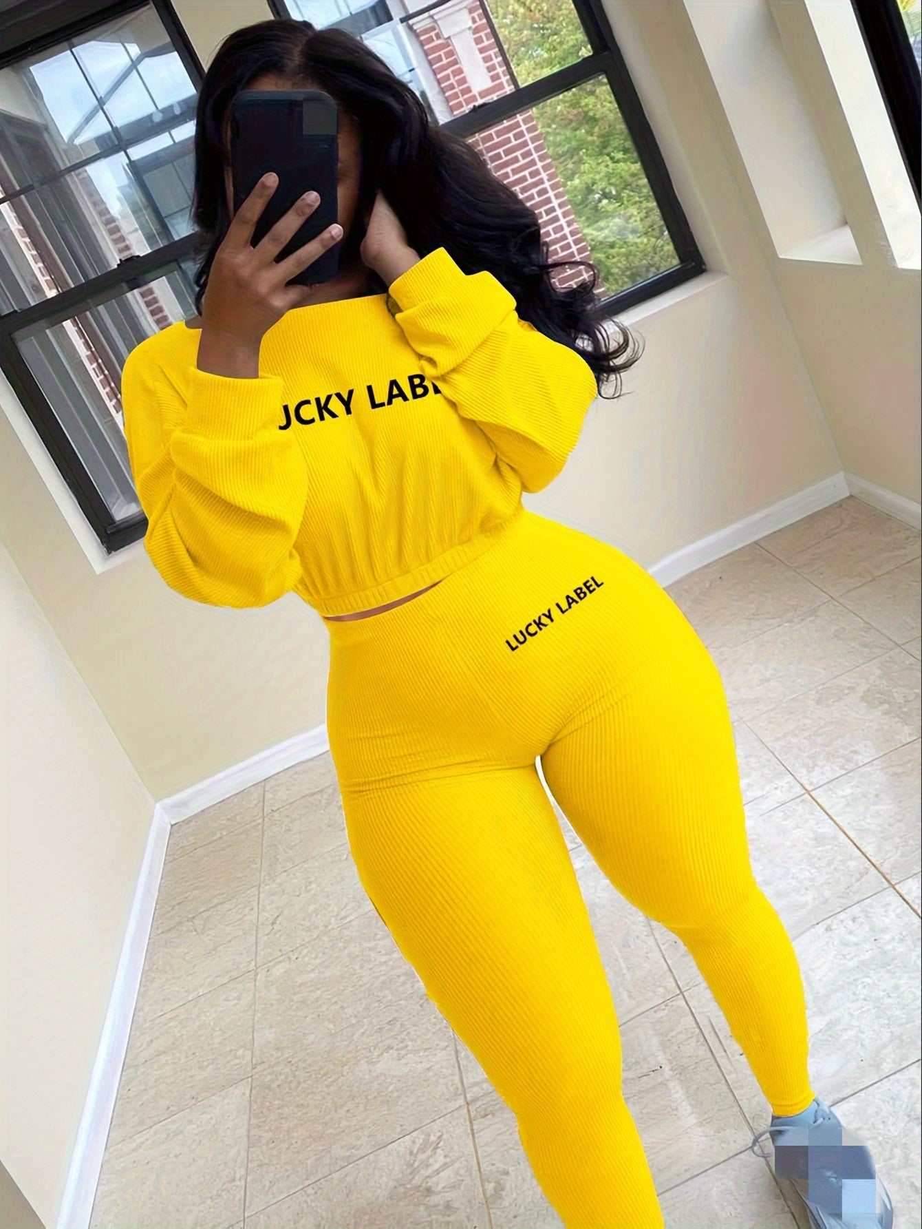 [Women's Sweatshirt Set] Letter Embroidery Women's Two Piece Ribbed s Fall Spring Long Sleeve Sweatshirt and Skinny Pants Set