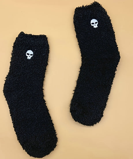 Warm & Fuzzy Embroidered Cartoon Socks, Warm Coral Fleece Socks For Winter, Women's Stocking & Hosiery