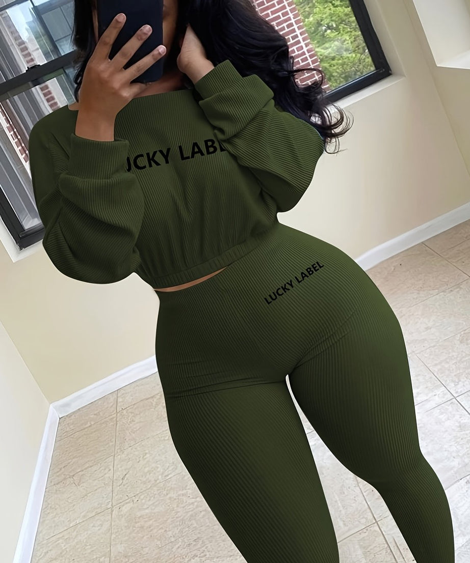 [Women's Sweatshirt Set] Letter Embroidery Women's Two Piece Ribbed s Fall Spring Long Sleeve Sweatshirt and Skinny Pants Set