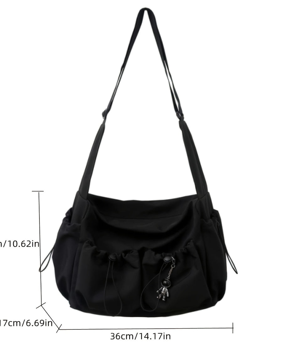 Drawstring Detail Crossbody Bag, Large Capacity Shoulder Bag, Fashion Zipper Bag With Bag Charm