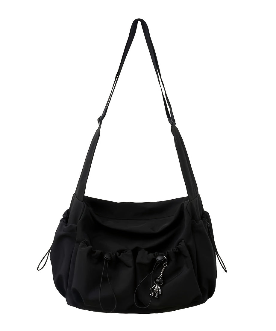 Drawstring Detail Crossbody Bag, Large Capacity Shoulder Bag, Fashion Zipper Bag With Bag Charm