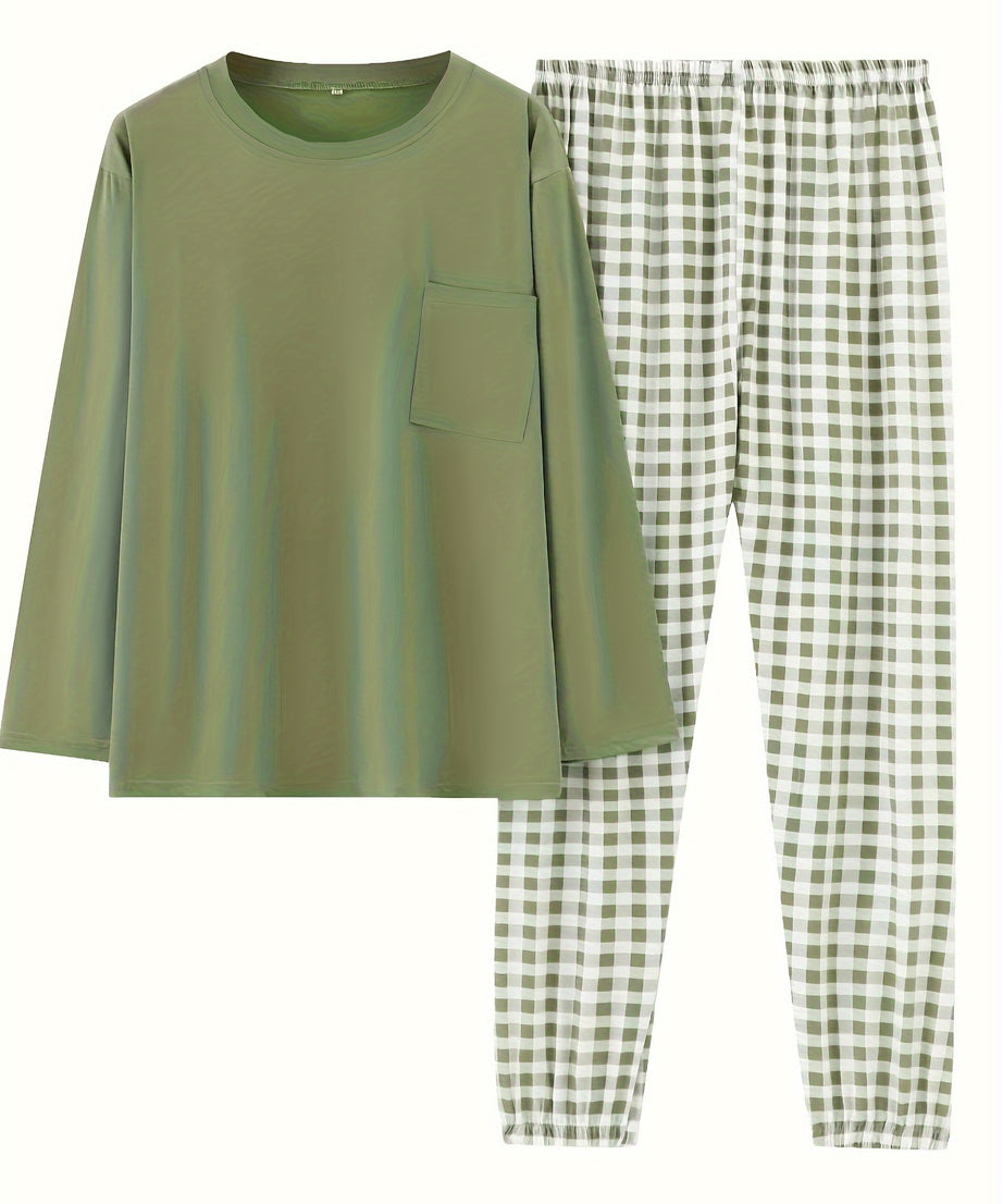 Women'S Plus Size Pink Plaid Pajama Set - Casual Long Sleeve and Pants Loungewear with Pockets, Stretchy Polyester Fabric, Perfect for Spring & Fall, Plus Size Loungewear | Checkered Pattern | Polyester Fabric, Loungewear Paj