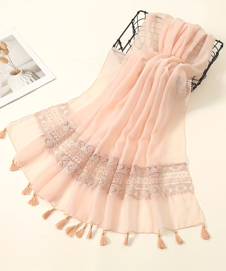 [Elegant Scarf] Elegant Embroidery Hollow Lace Tassel Scarf | Fashion Casual Cold Weather Scarves Wraps For Women for eid