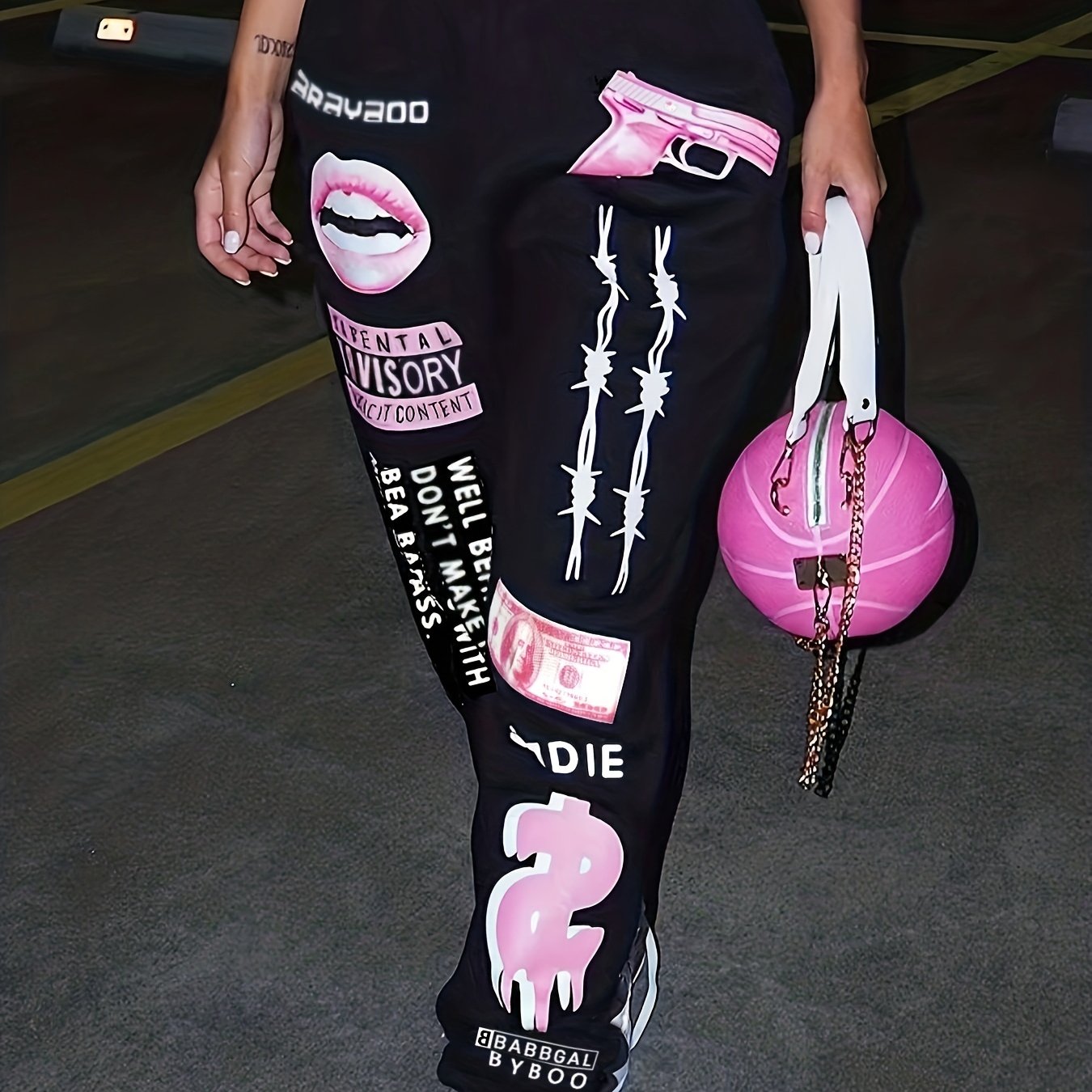 [Plus Size Sweater Pants] Plus Size Women's TB5553 Elastic Waist Sports Sweater Oversize Pants Bottom