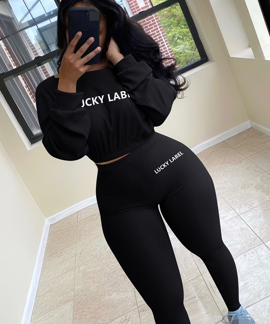 [Women's Sweatshirt Set] Letter Embroidery Women's Two Piece Ribbed s Fall Spring Long Sleeve Sweatshirt and Skinny Pants Set