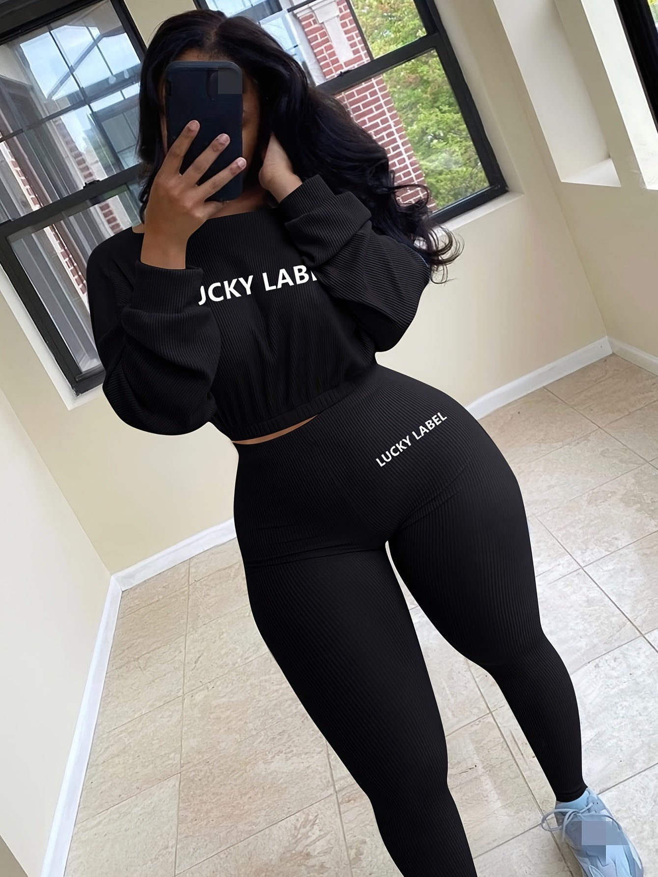 [Women's Sweatshirt Set] Letter Embroidery Women's Two Piece Ribbed s Fall Spring Long Sleeve Sweatshirt and Skinny Pants Set