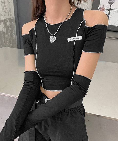 Off Shoulder Hollow Crew Neck T-shirt, Casual Loose Long Sleeve Fashion Summer Slim Bottoming T-Shirts Tops, Women's Clothing