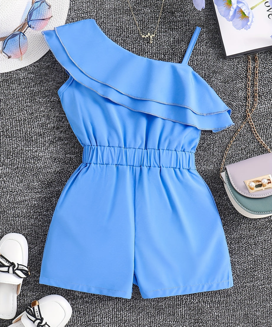 ' White Sleeveless A-Line Romper Jumpsuit - Summer Short Dress with Ruffle Trim &, Casual Playwear & Party Outfit, Easy-Care Hand Washable Short Sleeve Dress &, Perfect for Outdoor