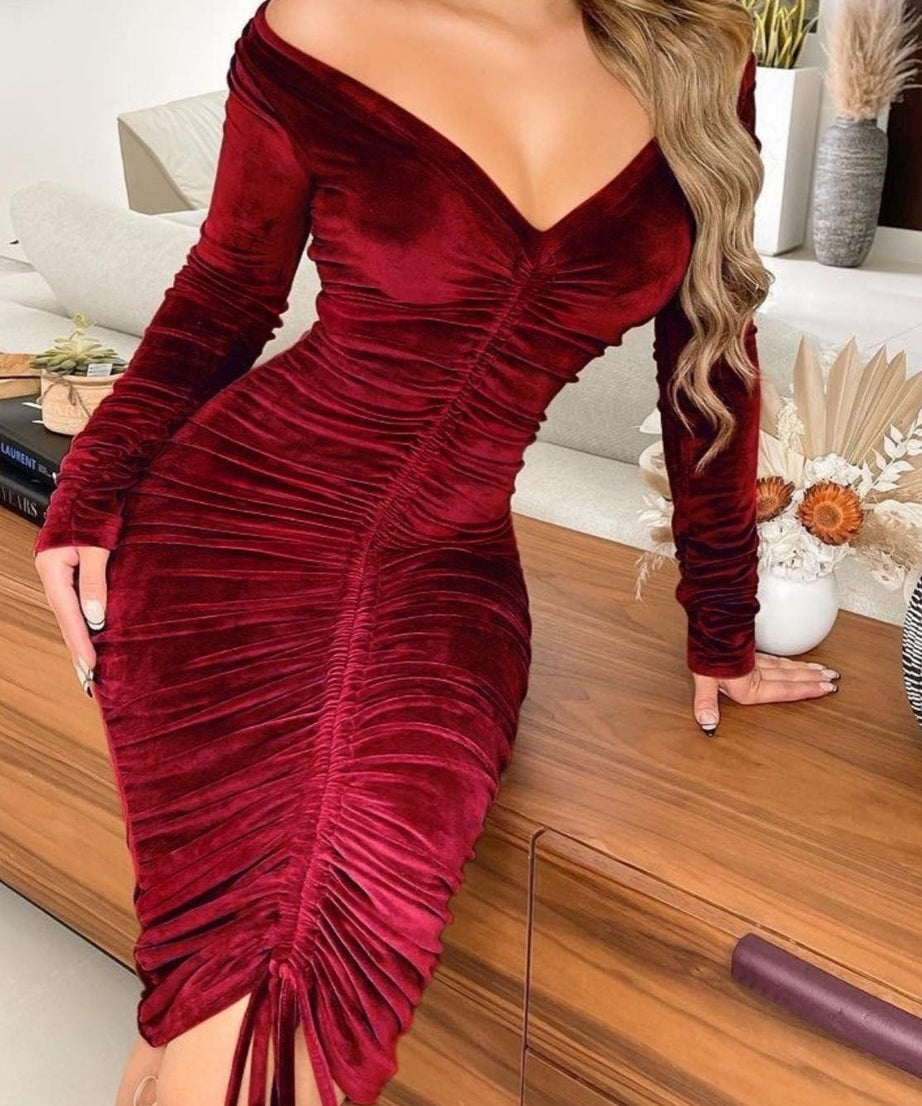 Women's Dresses V Neck Off The Shoulder Velvet Ruched Mid-length Dresses