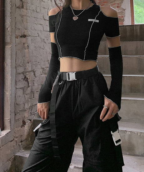 Off Shoulder Hollow Crew Neck T-shirt, Casual Loose Long Sleeve Fashion Summer Slim Bottoming T-Shirts Tops, Women's Clothing