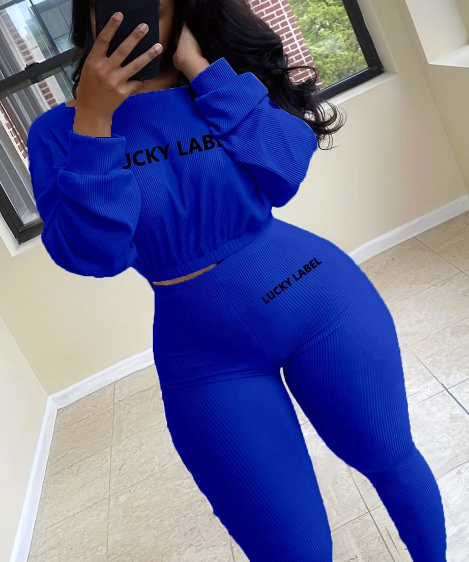 [Women's Sweatshirt Set] Letter Embroidery Women's Two Piece Ribbed s Fall Spring Long Sleeve Sweatshirt and Skinny Pants Set