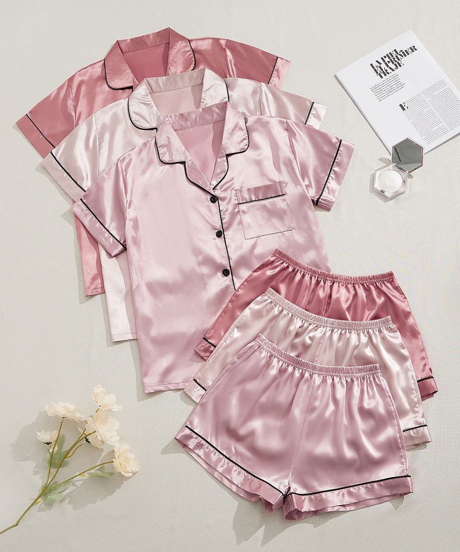 3 Sets Satin Pajama Set, Short Sleeve Lapel Top & Elastic Waistband Shorts, Women's Sleepwear & Loungewear
