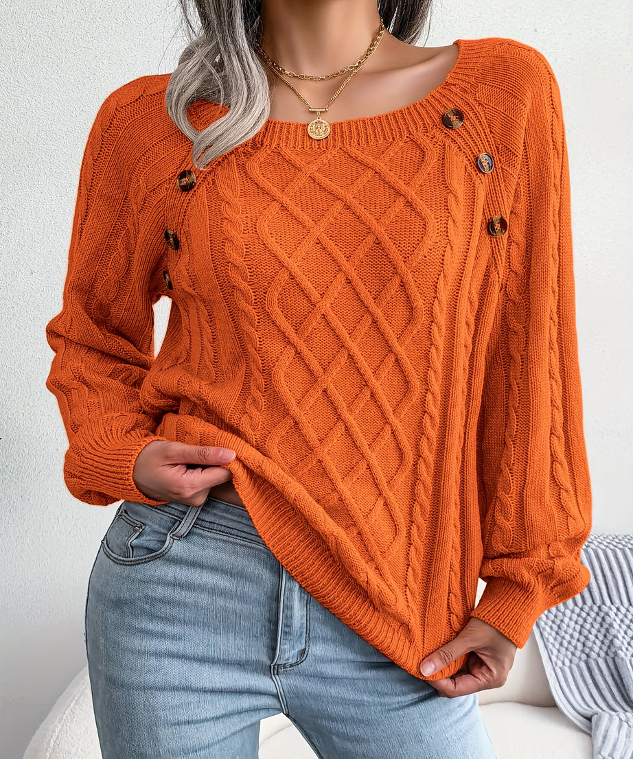 [Texture Lantern Sleeve Sweater] Round Neck Texture Lantern Sleeve Women's Sweater - Button Sweater