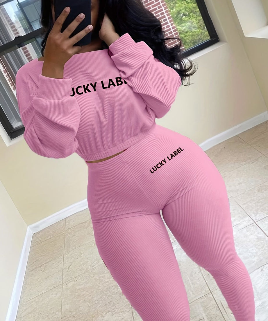 [Women's Sweatshirt Set] Letter Embroidery Women's Two Piece Ribbed s Fall Spring Long Sleeve Sweatshirt and Skinny Pants Set