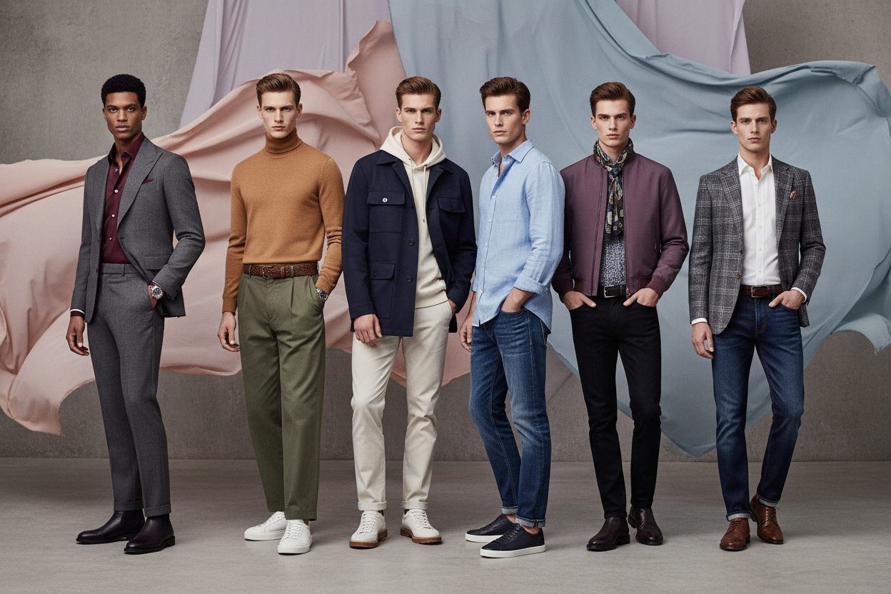 Create an 8K HDR widescreen (16:9) banner showcasing a modern, stylish Men’s Fashion Collection. Feature male models wearing jackets, shirts, casualwear, streetwear, and accessories like watches, shoes, and belts. Use a dynamic, fashion-forward color palette including deep blues, rich burgundy, earthy tones, and muted pastels. Soft studio lighting with dramatic yet natural shadows, clean minimal or textured background. Capture premium fashion photography style with sharp details, elegant composition, and a 
