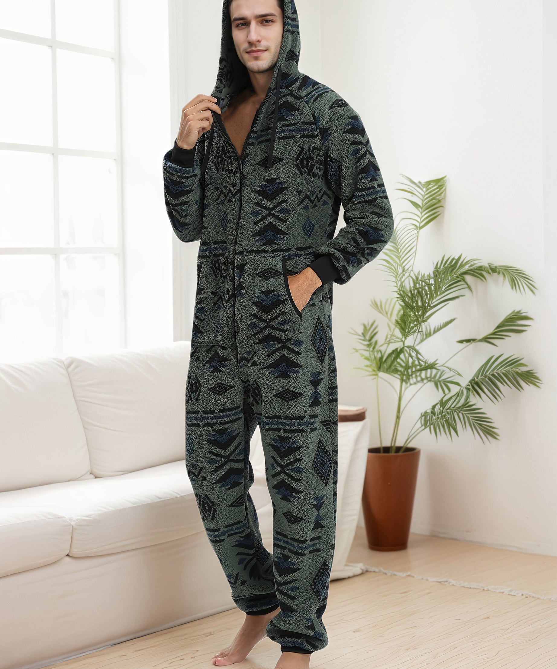 Men'S Heavy-Duty Full-Zip Hooded Onesie - Long Sleeve Winter Sleepwear, Thermal Insulated Lounge suit with Drawstring Hood, Loose Fit Onesie for Cold Weather, Christmas Costume & Everyday Indoor/Outdoor Use - Easy Zipper Clos