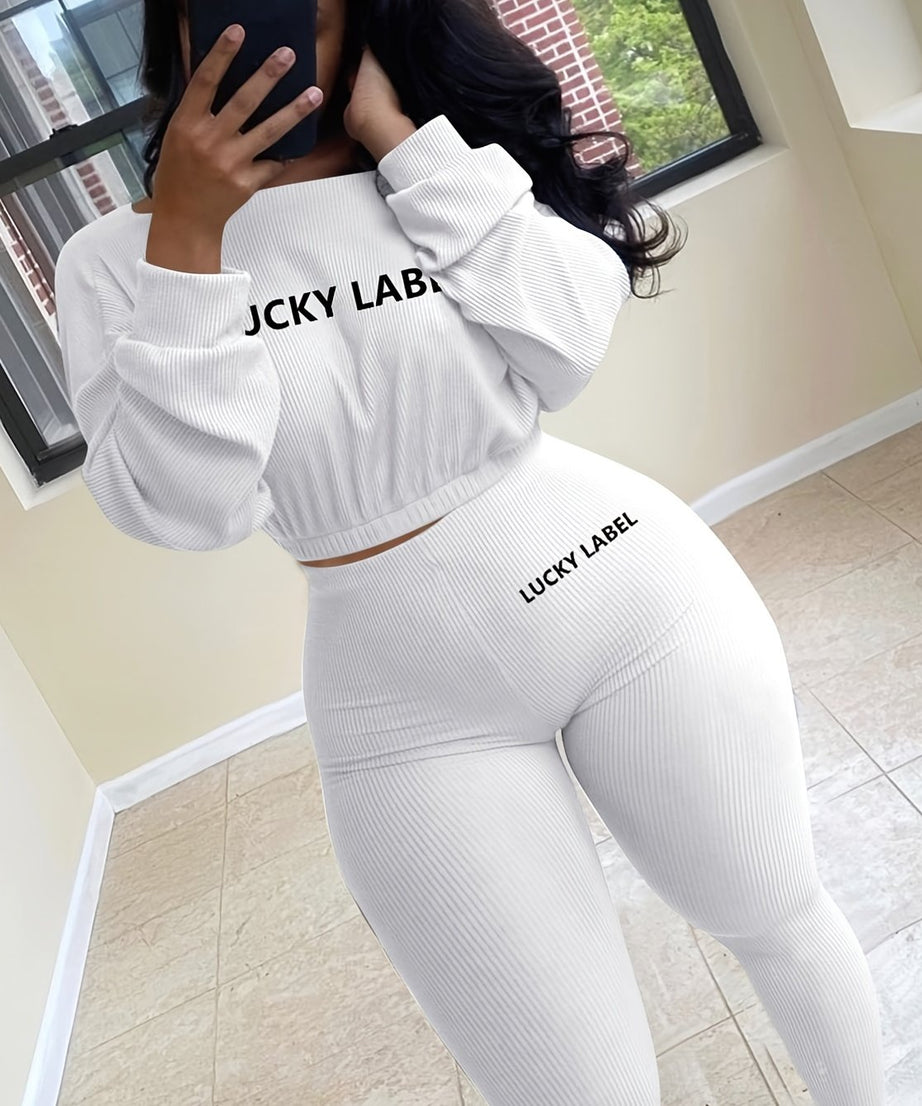 [Women's Sweatshirt Set] Letter Embroidery Women's Two Piece Ribbed s Fall Spring Long Sleeve Sweatshirt and Skinny Pants Set