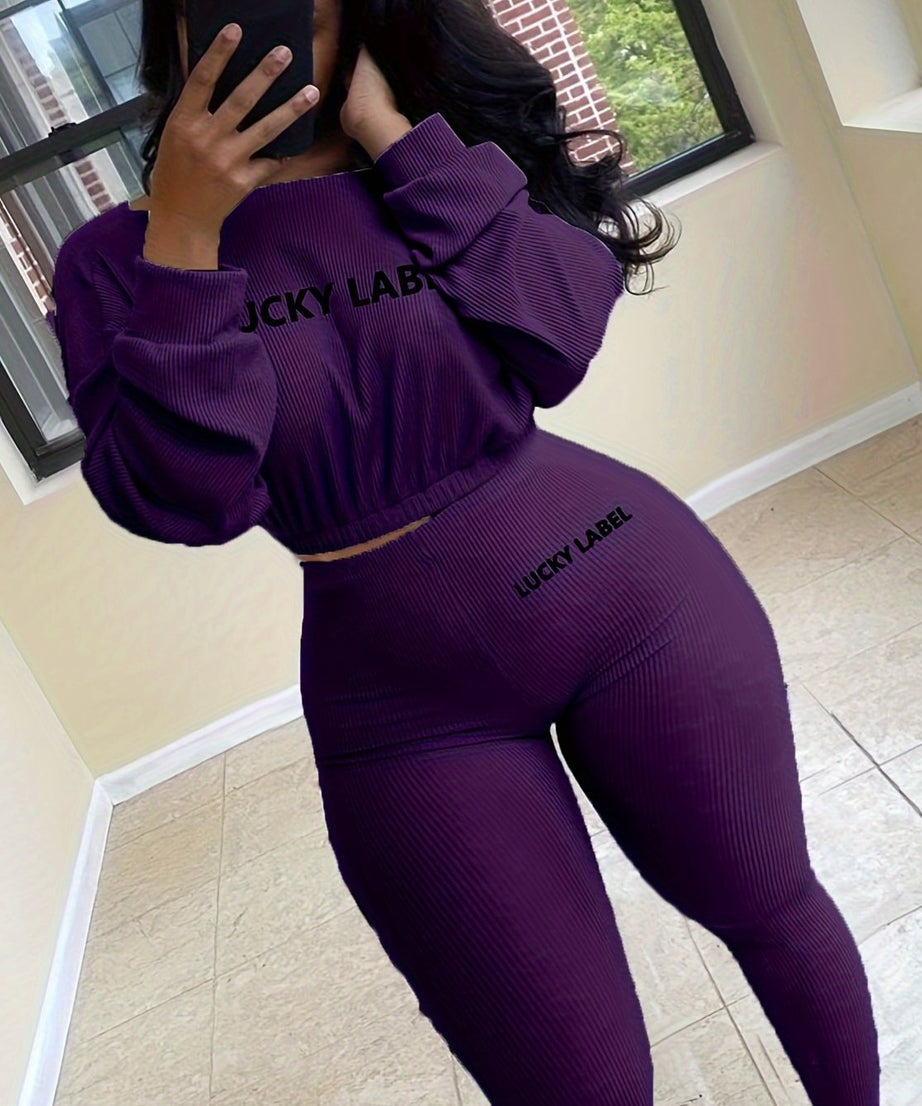 [Women's Sweatshirt Set] Letter Embroidery Women's Two Piece Ribbed s Fall Spring Long Sleeve Sweatshirt and Skinny Pants Set