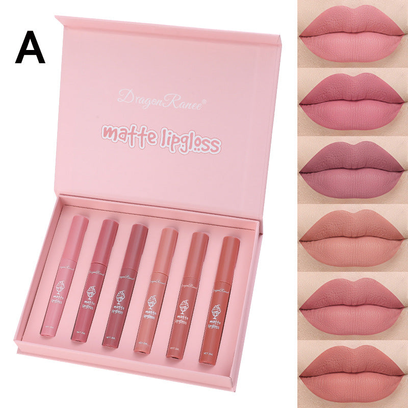 6 Pcs Long Lasting Waterproof Lip Glaze Lipstick 6 Sets Non Stick Cup Nude Skin Color Lip Gloss Cute Set Box
